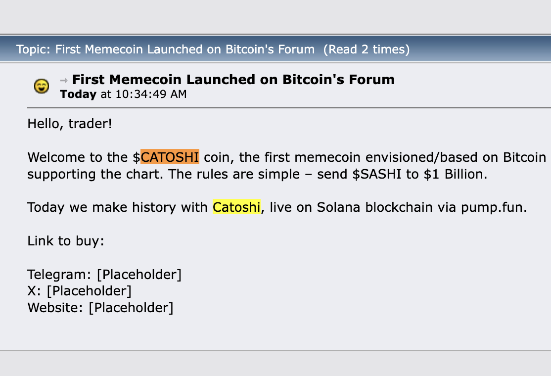 CATOSHI Coin: Join the MEME Coins revolution now with CATOSHI - the first memecoin launched on Bitcoin Forum where Satoshi created Bitcoin!